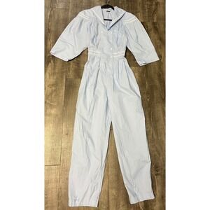 VTG Altogether Fashions Sailor Collar Jumpsuit Blue Double Breasted Smocked Sz S